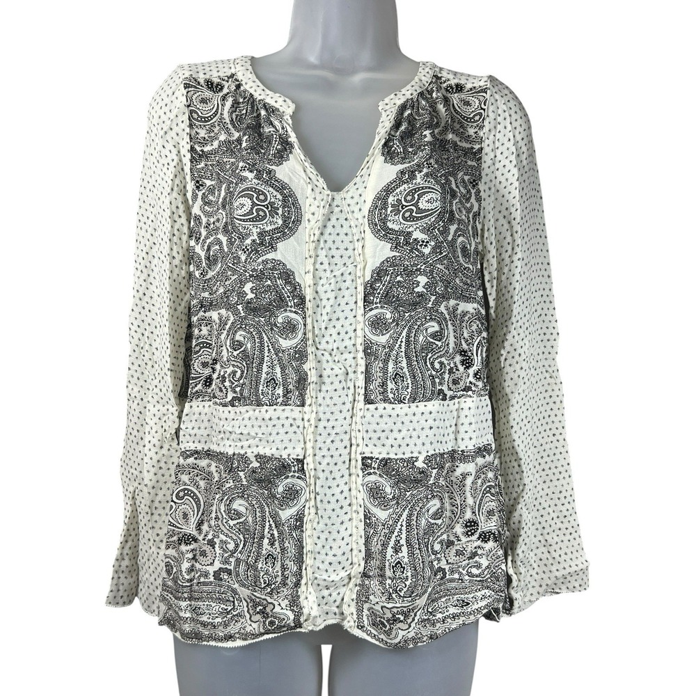 Lucky Brand Womens S Boho Peasant Blouse Paisley Tunic Black White Festival